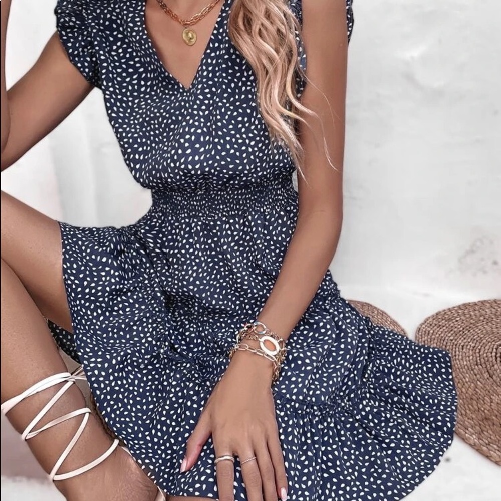 06 Boho Chic Navy Dot Ruffle Dress - Picture 3 of 6